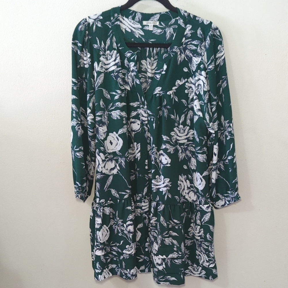 Jodifl Long-Sleeve Tiered Shift Dress Green + White Floral Mini Women's Size M